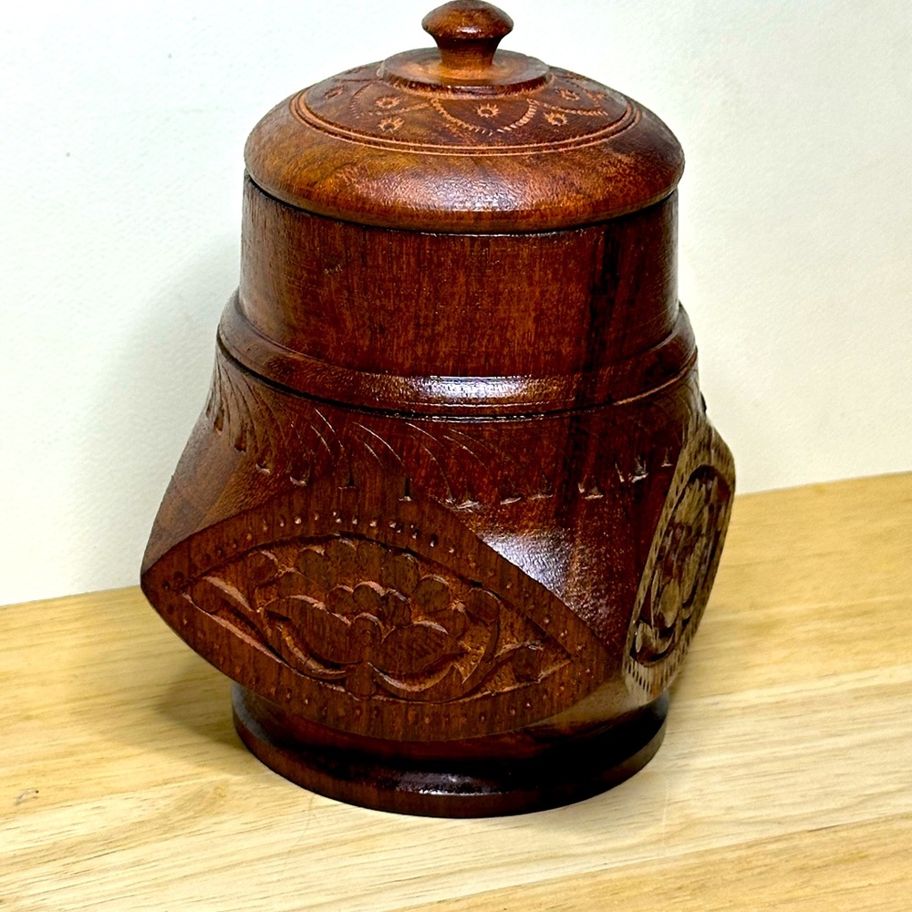Hand carved wood jar w/lid